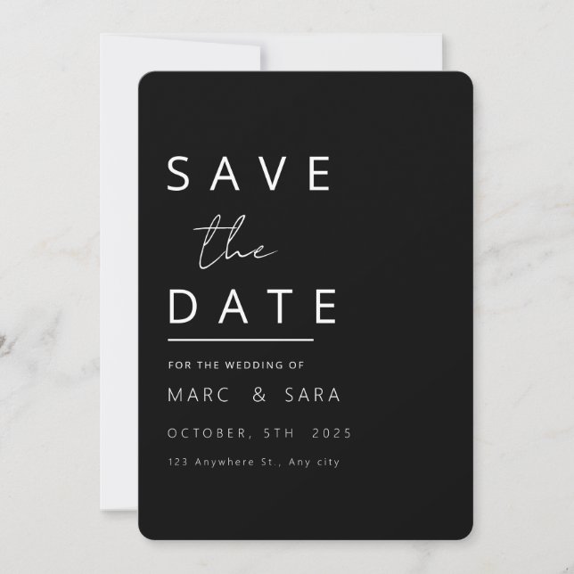 Date Éditable Black Save the Date, Moderne Minimal Blac (Devant)