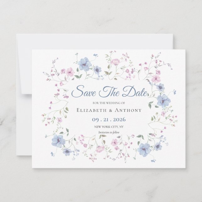 Date Elegant Pink & Dusty Blue Floral Wedding  Save The (Devant)