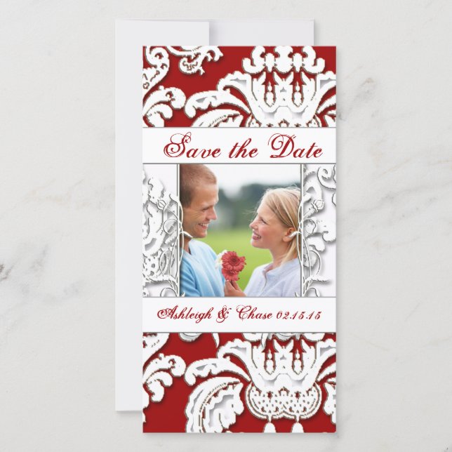 Date Elegant Red Damask Save the DateYour Photo (Devant)