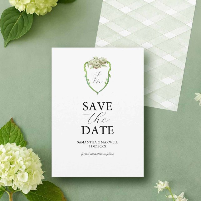 Date Green Hydrangea Wedding Monogram Save The Dates (Green and white wedding hydrangea Save The Dates by Victoria Grigaliunas Do Tell A Belle)