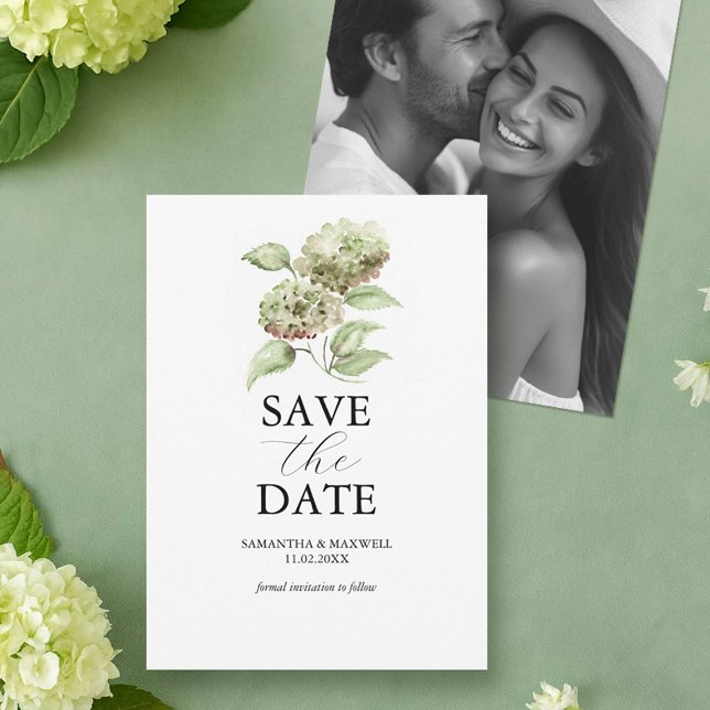 Date Green Hydrangea Wedding Save The Dates with Photo (green hydrangea photo save the date with hand painted watercolor floral art Victoria Do Tell A Belle)