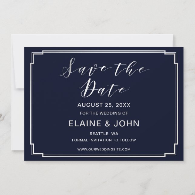 Date Mariage Argenté Classique Navy save the dates (Devant)