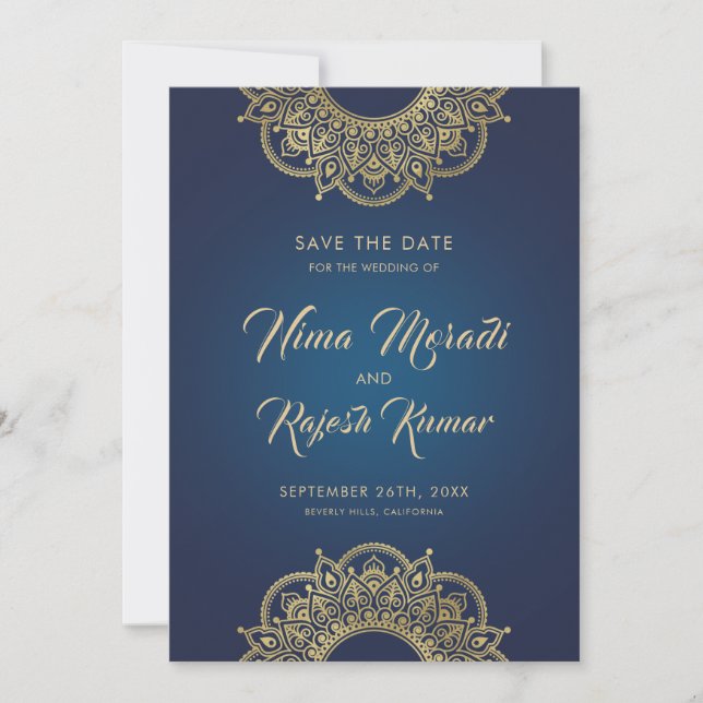 Date Mariage indien, Save the Date, Bleu et or (Devant)
