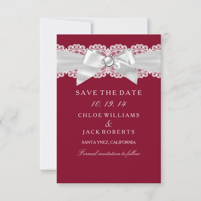 Date Mariage Rouge Bourgogne Blanc Ruban Perle Save The (Devant)