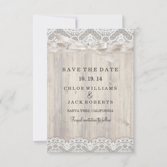 Date Mariage Rustique Vintage Dentelle & Bois Save The  (Devant)