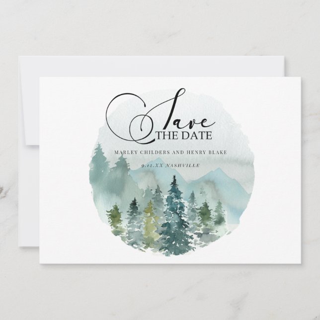 Date Paysage de montagne aquarelle mariage save the dat (Devant)