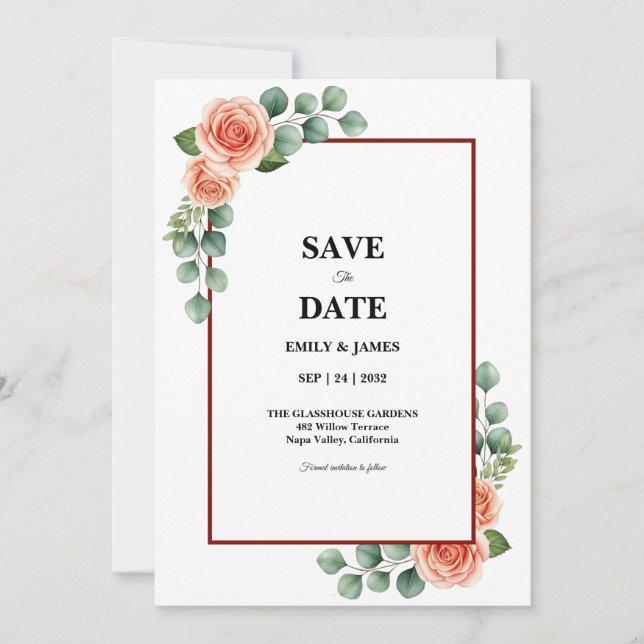 Date Peach Rose Aquarelle Eucalyptus Bordure Save the  (Devant)