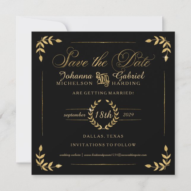 Date Photo Save the Date, Gold Laurel Leaf Typographie (Devant)