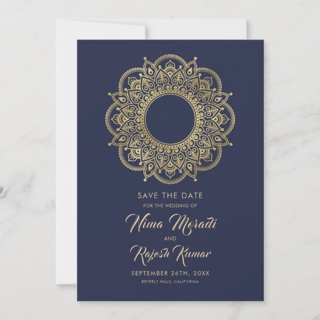 Date Photo Save The Date, Mariage indien, Bleu et Or (Devant)