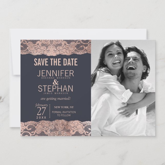 Date Rose Gold Lace et Bleu Marine Save the Dates (Devant)