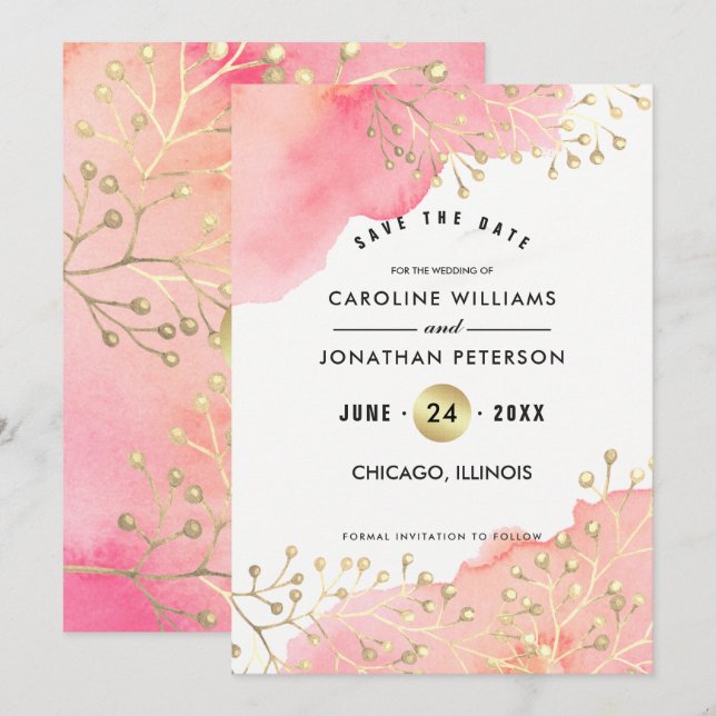 Date Save the date. Aquarelle botanique rose (Devant / Derrière)