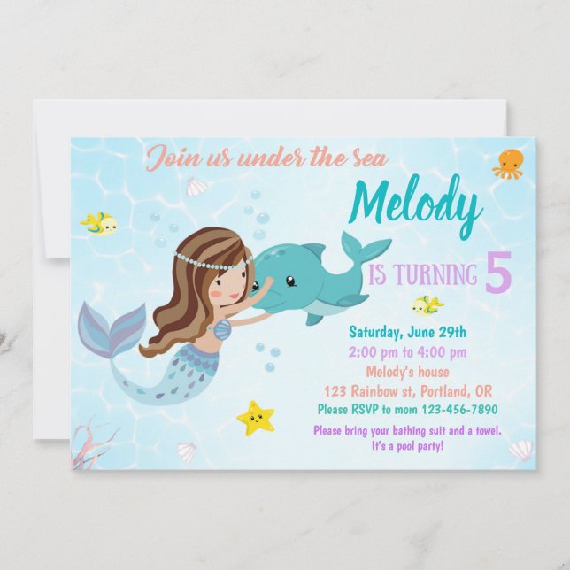 Dauphin et sirène invitation d'anniversaire en mer (Devant)
