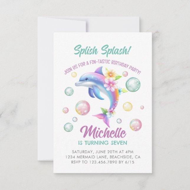 Dauphin Splish Splash Girl Anniversaire Invitation (Devant)
