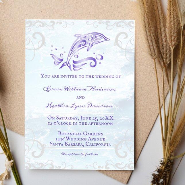 Dauphin violet Faire-part de mariage (Purple Dolphin Wedding Invitation)