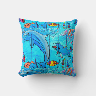 dauphins riants sous l'eau bleu coussin