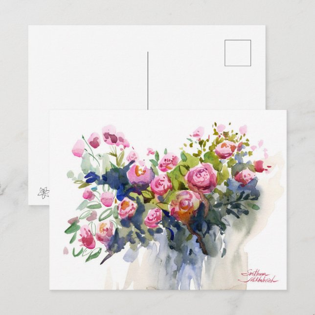 De beaux Roses. Carte postale Vacances Watercolor (Devant / Derrière)