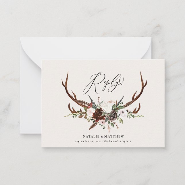 De Correspondance budget floral feuillage cerf réponse mariage carte (Devant)