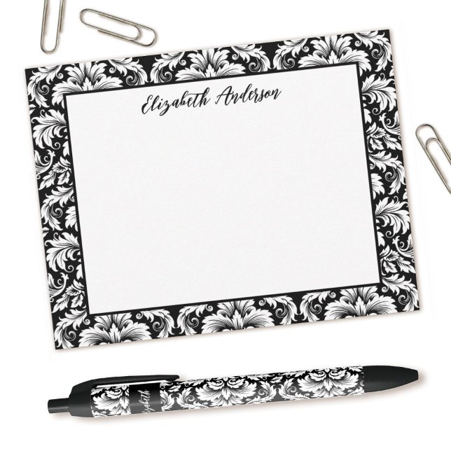 De Correspondance Elégante carte Noir Blanc Damas (Elegant black and white damask notecard, Personalize it with your name.)