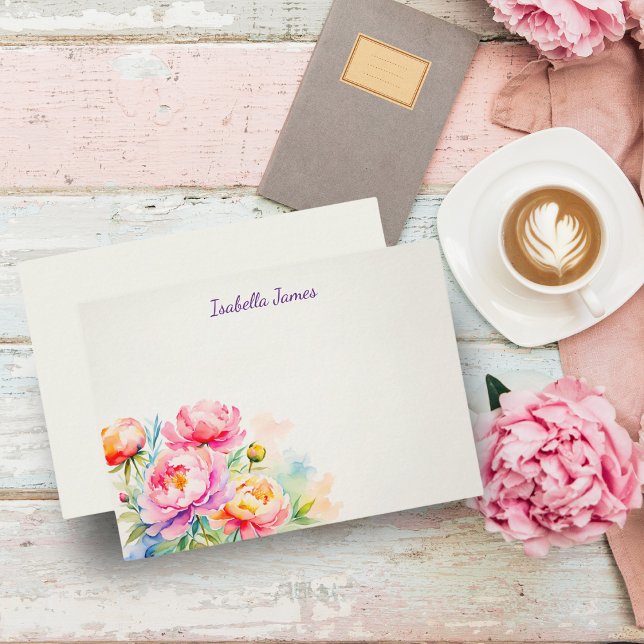 De Correspondance Elégante Peonies Aquarelle Florale Carte Note (Elegant peonies: A floral embrace to brighten your day with timeless charm.)