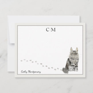 De Correspondance Maine Coon Cat Grey Bordure Monogramme Nom Carte d