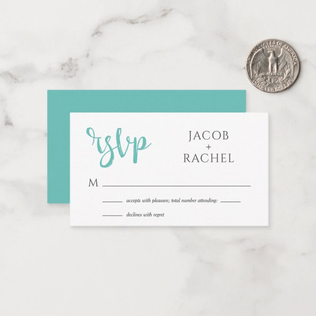 De Correspondance RSVP Modern Script Turquoise Mariage Carte RSVP (Devant/Arrière en situation)