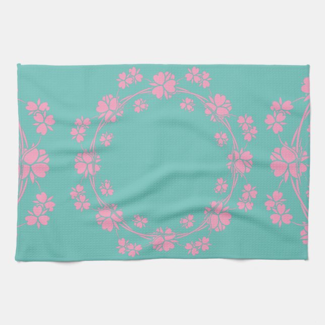 De Cuisine Floral rose sur linge Turquoise (Horizontal)