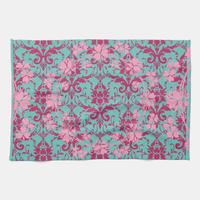 De Cuisine Floral rouge rose sur linge Turquoise (Horizontal)