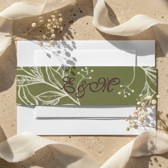 De Faire-part Bandeau neutre marron mousse et vert olive (Neutral Mousse Brown and Olive Green Accent Wrap)