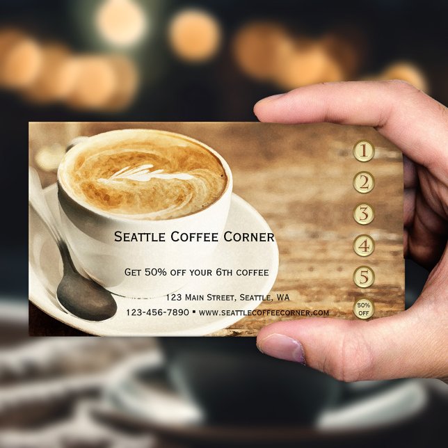 De Fidélité Carte Rustic Coffee Loyalty Punch (Loyalty business card with gold and rose gold stylized punch numbers and rustic watercolor coffee)