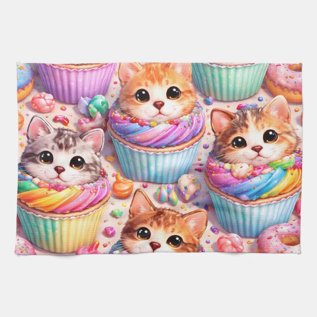 De mignons chatons et cupcakes, torchon de cuisine (Horizontal)