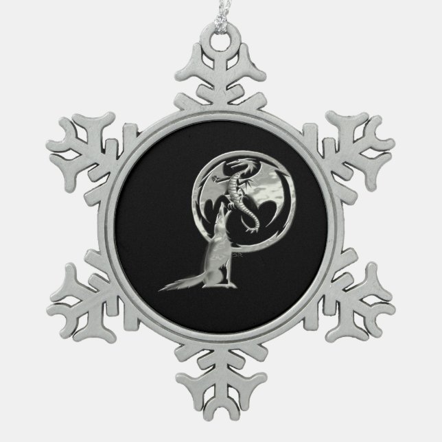 De Neige Wolf & Dragon argent noir d'étain flocon ornement (Devant)