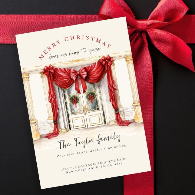 De notre maison à votre carte de vacances de Noël (From Our Home to Yours Christmas Holiday Card by Ricaso Stunning door with big red bow and wreaths)