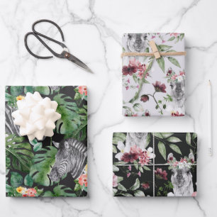 De Papier Cadeau Alpaga zèbre tropical gris rose noir feuille flora
