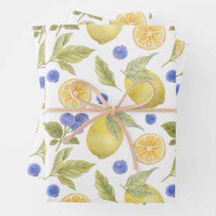 De Papier Cadeau Aquarelle Citron et Fruit aux bleuets avec Feuille