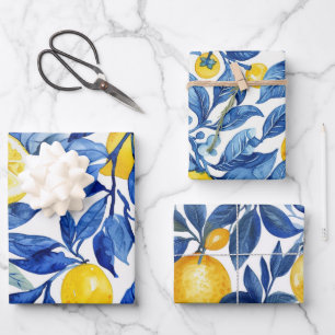 De Papier Cadeau Azulejo Lemons Motif Feuille bleu