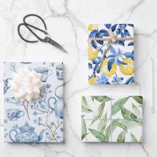 De Papier Cadeau Chinoiserie Fleurs Bleues Citrons Feuille Réceptio
