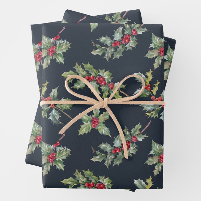 De Papier Cadeau Christmas Holly Berry Branches avec Feuille (En situation)