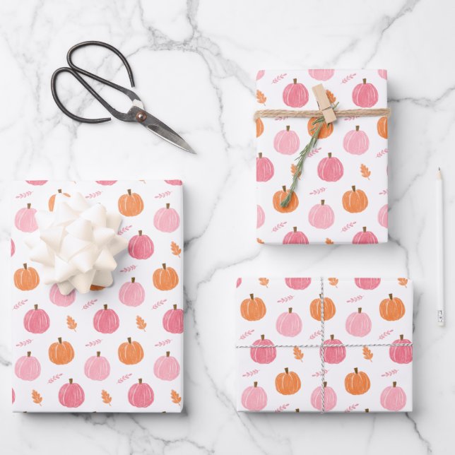 De Papier Cadeau Citrouille  rose orange Motif Feuille (Recto)