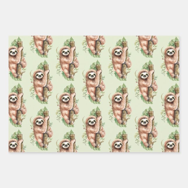 De Papier Cadeau Cute Watercolor Sloth & Tropical Feuille Motif (Devant)