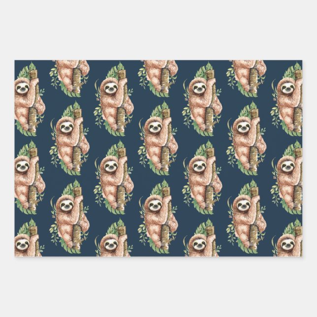 De Papier Cadeau Cute Watercolor Sloth & Tropical Feuille Motif (Devant)