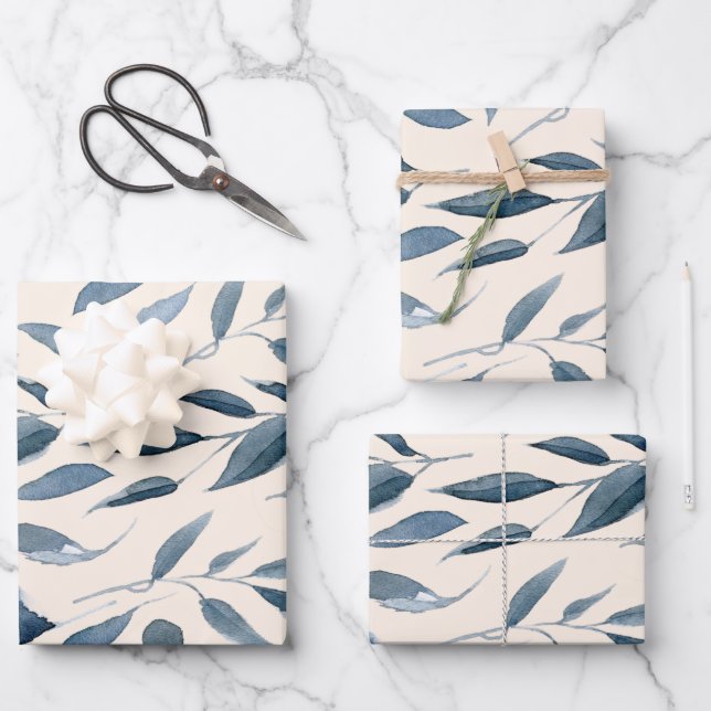 De Papier Cadeau Elégante aquarelle moderne Feuille Motif bleu mari (Recto)