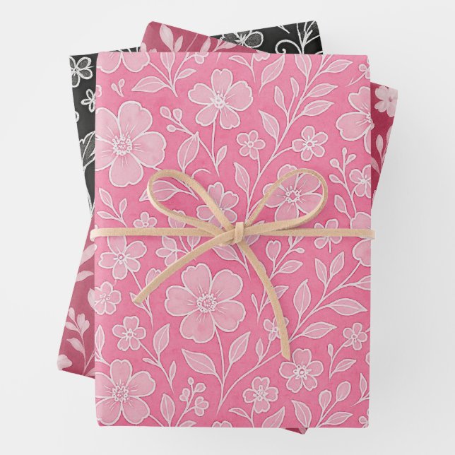 De Papier Cadeau Feuille Classé Art Floral Motif Sur Rouge Rose Noi (En situation)