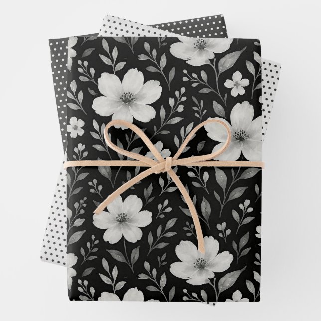 De Papier Cadeau Feuille Classique Floral Art Motif Sur Grey Black (En situation)