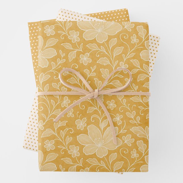 De Papier Cadeau Feuille Classique Floral Art Motif Sur Ochre Jaune (En situation)