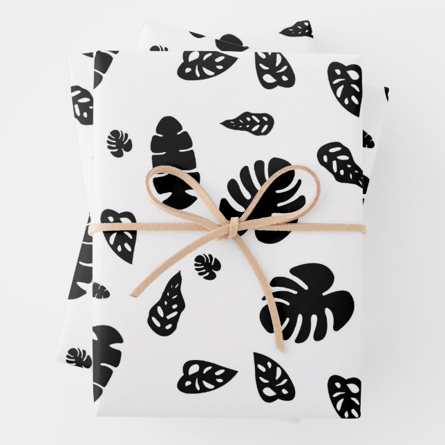 De Papier Cadeau Feuille d'été noir et blanc Tropical Motif (En situation)
