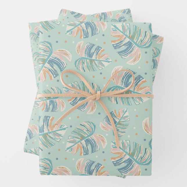 De Papier Cadeau Feuille Monstera - Turquoise, Vert, Corail, Moutar (En situation)