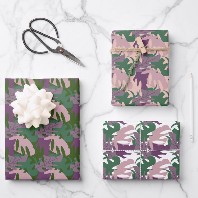 De Papier Cadeau Feuille thématique Monstera Violet Vert Jungle (Recto)