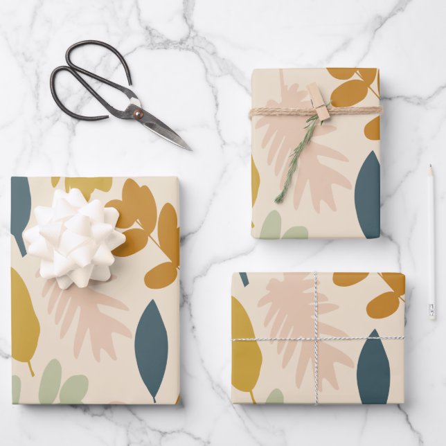 De Papier Cadeau Fleurs d'automne botaniques et Motif Feuille (Recto)