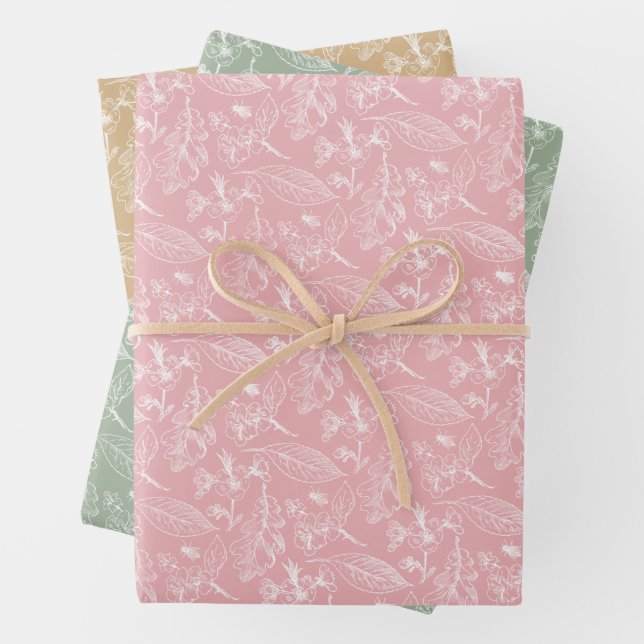 De Papier Cadeau Floral Feuille Art Motif Sur Sage Rose Vert Beige (En situation)