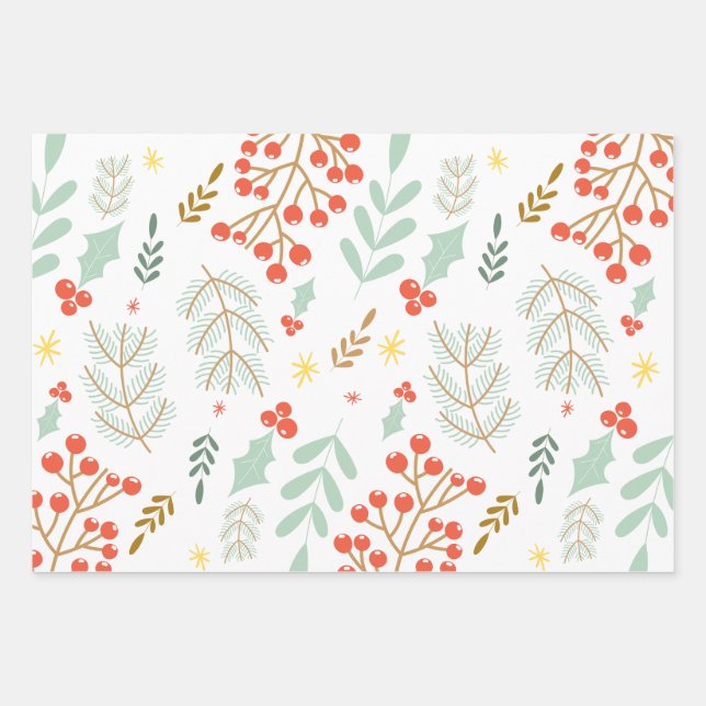De Papier Cadeau Foliage Feuille Berries Étoiles Motif (Devant)
